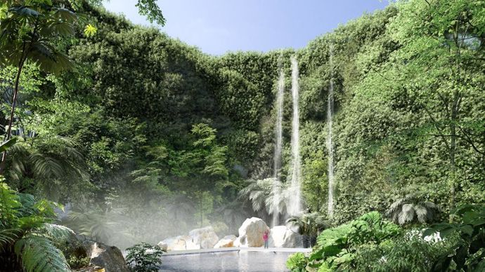 Perspective 3D de la cascade de 25 mètres en circuit fermé. La cascade participe à la mise en place d’une végétation extraordinaire. Elle insère des connexions haut/bas existantes et nouvelles. © Phytolab